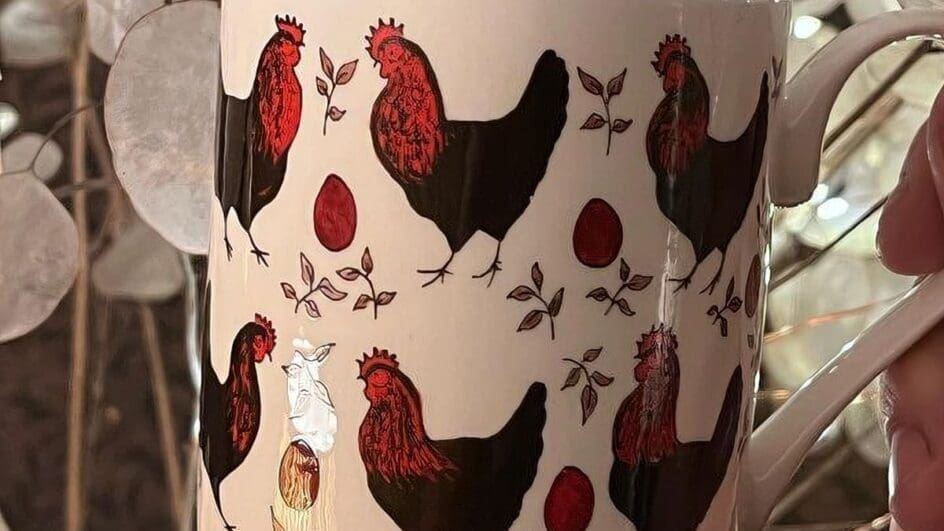 Mug designed by Arthur Parkinson, illustrated with Burford Brown Hens and sold exclusively at Burford Garden Centre