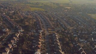 Aerial shot of houses in a town