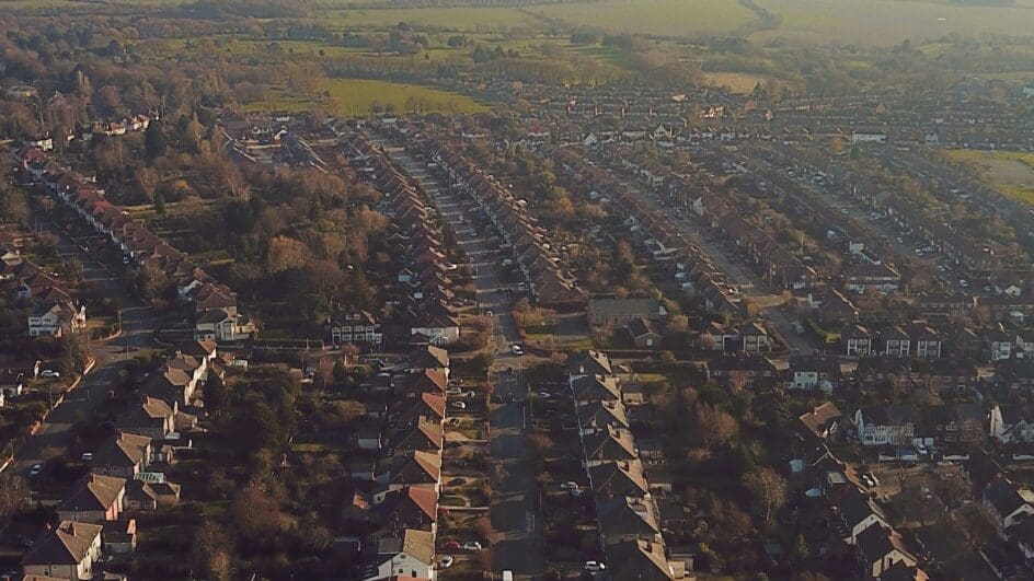 Aerial shot of houses in a town