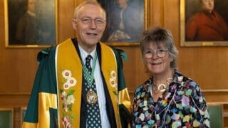 Jekka McVicar VMH with the Master of the Worshipful Company of Gardeners, Mr Nicholas Woolf OBE at the Barber-Surgeons’ Hall on 24 April when she was made recipient of the Prince Edward Award for Excellence in Horticultural Career Development.