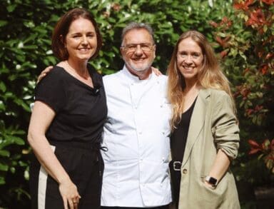 Raymond Blanc with the founders of She Grows Veg, Lucy Hutchings and Kate Cotterill