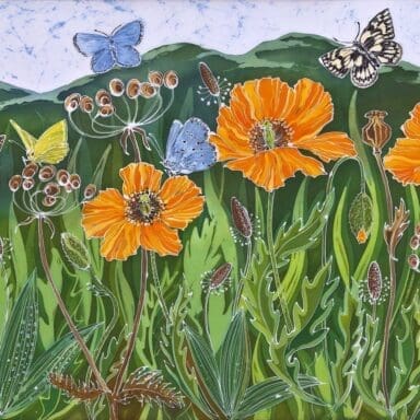 Marie-Therese batik art showing welsh poppies in the malvern-hills