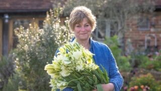 Sarah Raven carrying a bunch of Tulip 'Spring Green' NB