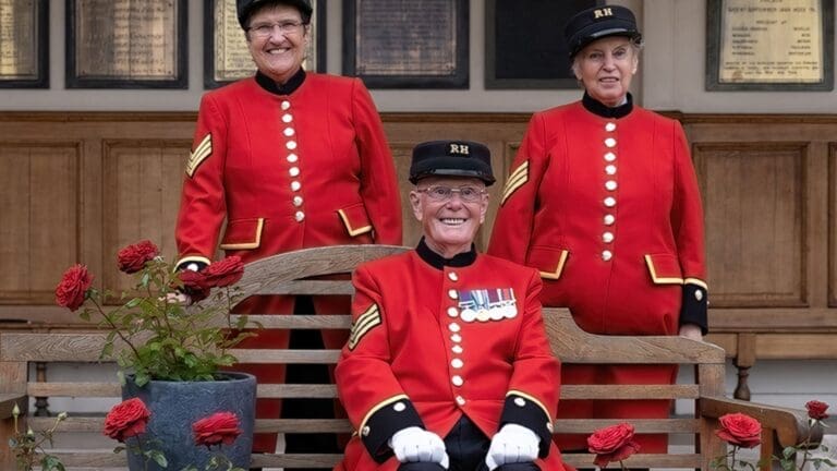 Chelsea hospital veterans with new Harkness rose Chelsea Pensioner