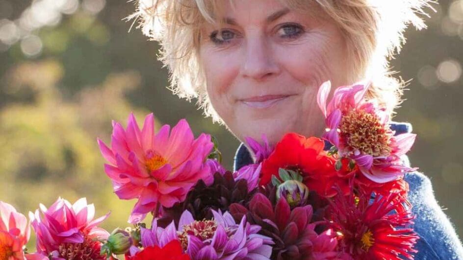 Sarah Raven with dahlias