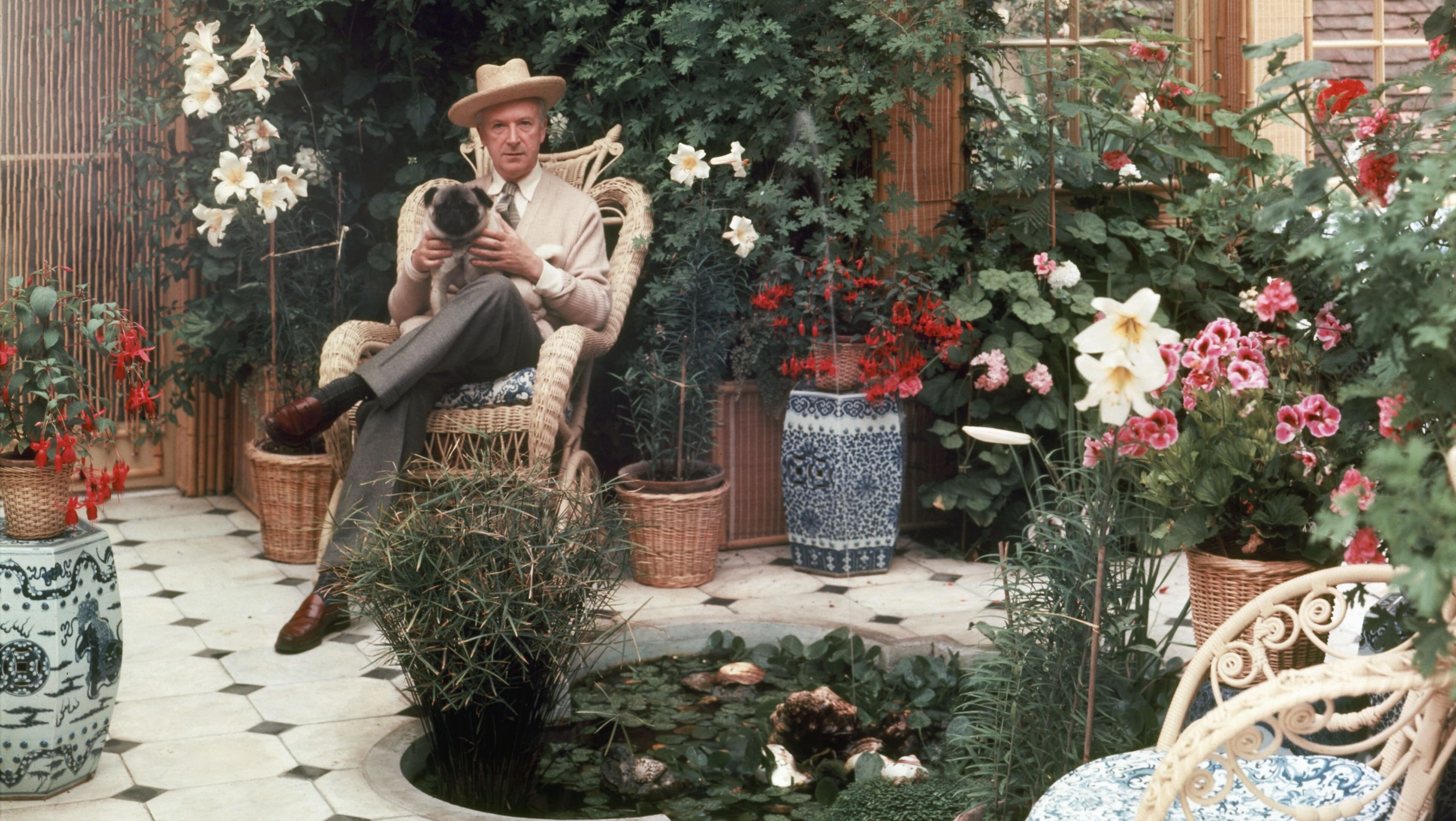 Cecil Beaton sitting in his indoor Winter Garden at Reddish House with his pet pug.