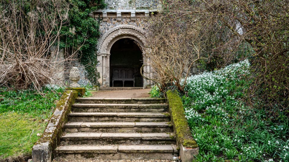 Benington Lordship, Hertfordshire, with snowdrops