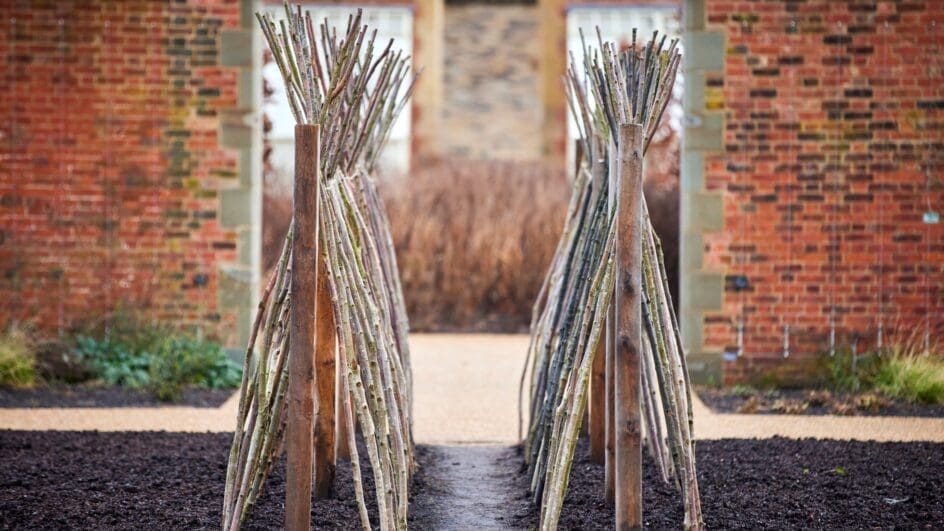 Plant supports in the Kitchen Garden at RHS Garden Bridgewater.