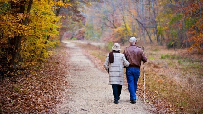 Elderly couple holding walking amongst autumn, trees