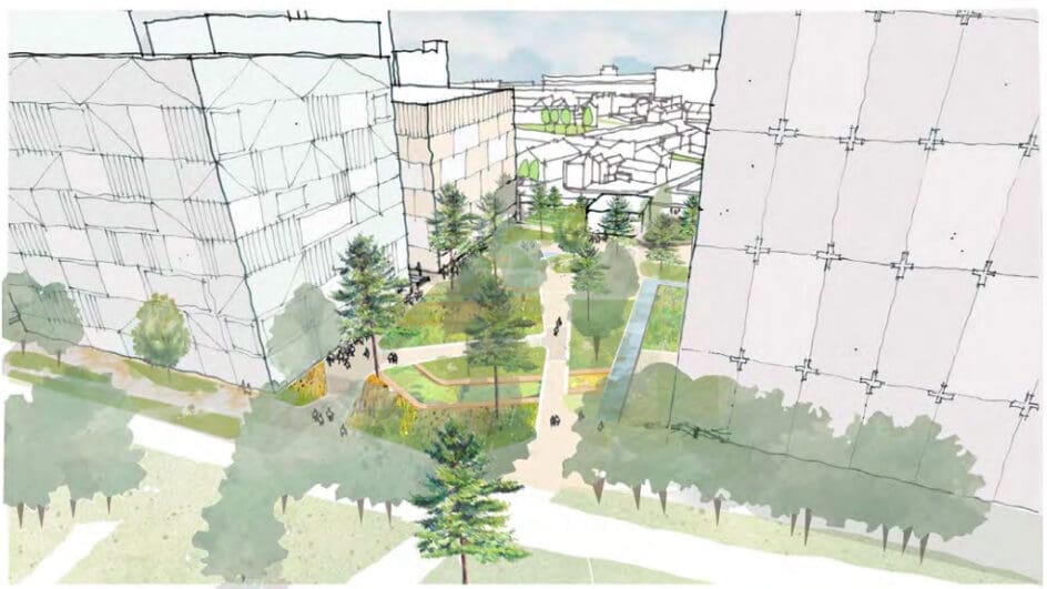 Drawing of the new Manchester Digital Campus with green park alongside