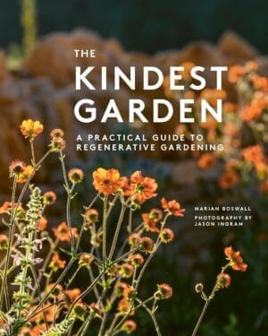 Book cover for 'The Kindest Garden' by Marian Boswall. Cover features orange geum flowers