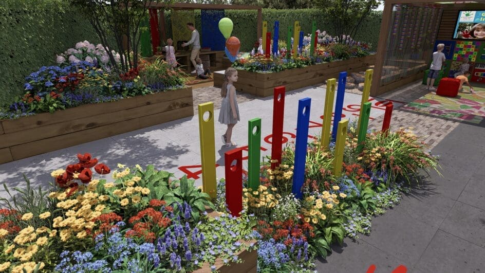 Design drawing for the Greenfingers Charity Show garden to celebrate 25 years at BBC Gardeners’ World Live 2025