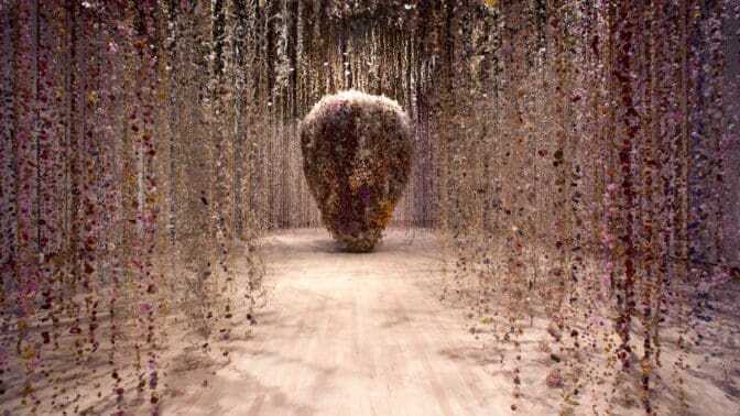 Saatchi Gallery's new exhibition called flowers. Picture is of one of the exhibits featuring over 100000 dried flowers to create a huge immerse experience for the visitors. The artist is Rebecca Louise Law.