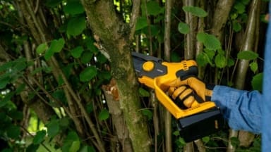 Image of the new Stiga cordless pruning saw, the PPR100e, cutting branches