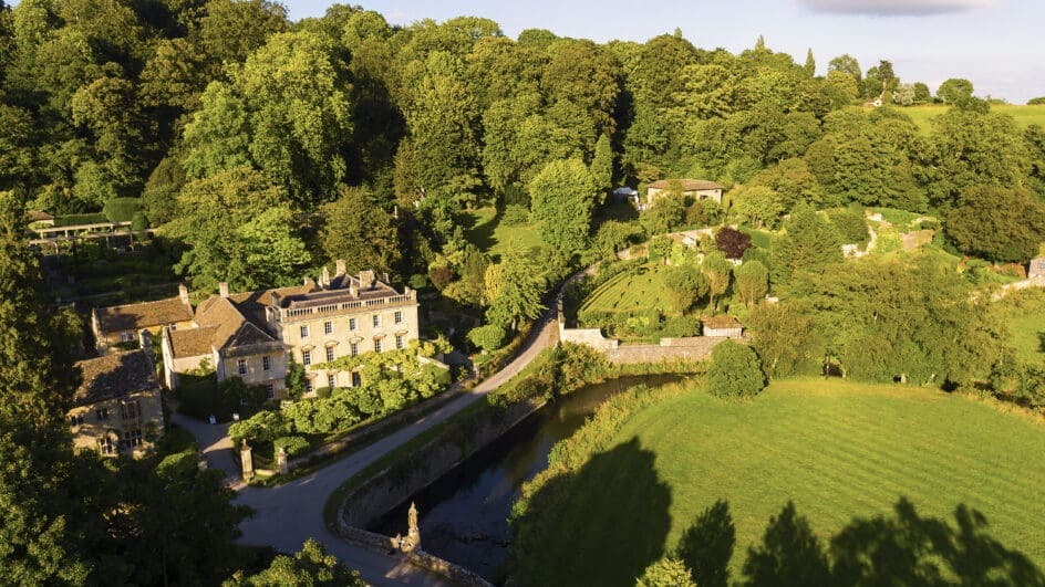 Iford Manor and valley seen from above by drone