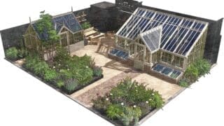 Alitex trade stand for the 2026 RHS Chelsea Flower show with cottage garden and two glasshouses
