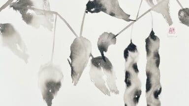 Art work by Vivienne Schadinsky in the exhibition 'Into the Seeds of Time' picturing painted Adzuki Beans