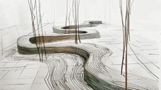 Detail drawing by Tom Hoblyn of the Together Bench for the UK Hospice Garden of Compassion for RHS Chelsea Flower Show 2025