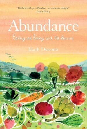hand painted book cover for Mark Diacono's new book Abundance featuring a range of vegetables