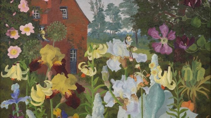 Painting by Cedric Morris of Benton End, featuring farmhouse, Blue Tit and flowers - 1965. Private Collection)