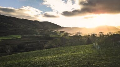 view of the Irish countryside in the morning with sun just coming up