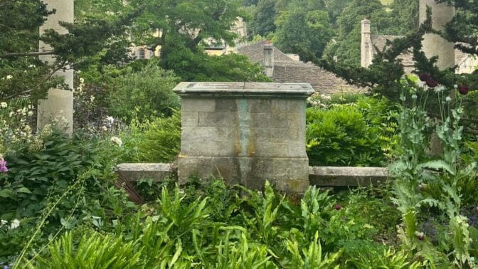 Empty plinth at Iford Manor Plinth after the She-Wolf statue was stolen in July.