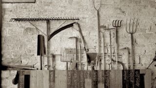 Selection of old garden tools hanging on a wall in an old shed