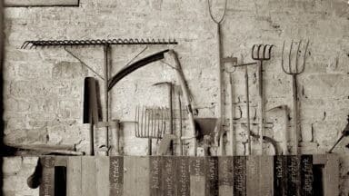 Selection of old garden tools hanging on a wall in an old shed