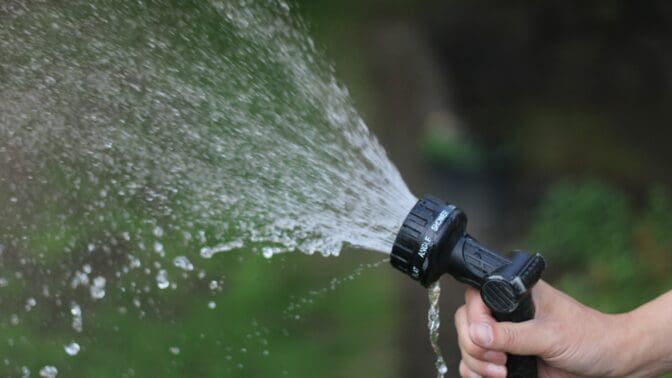 Hose pipe spraying water on a lawn