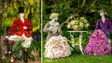 Fleur de Villes floral exhibition featuring characters from Downton Abbey at Kew Gardens in London