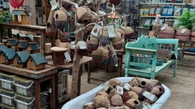 Burford garden centre display of bird feeders and nesting boxes