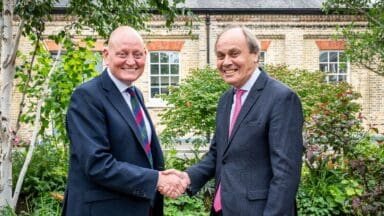 National Garden Scheme Chief Executive, George Plumptre shaking hands with the ABF Chief Executive, Major General (Ret’d) Tim Hyams